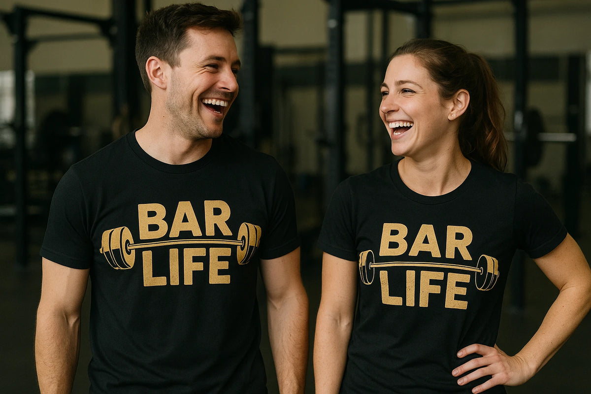 Person wearing the black weightlifting t shirt graphic tee - "Bar Life" design