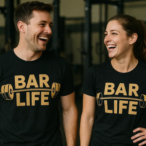 Person wearing the black weightlifting t shirt graphic tee - "Bar Life" design