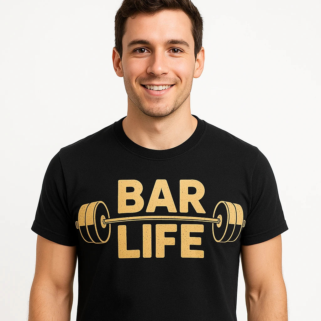 Close-up of the "Bar Life" tan print on a premium Bella+Canvas black weightlifting t shirt