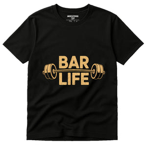 Black Weightlifting T Shirt - "Bar Life" graphic tee with tan print, flat lay product photo
