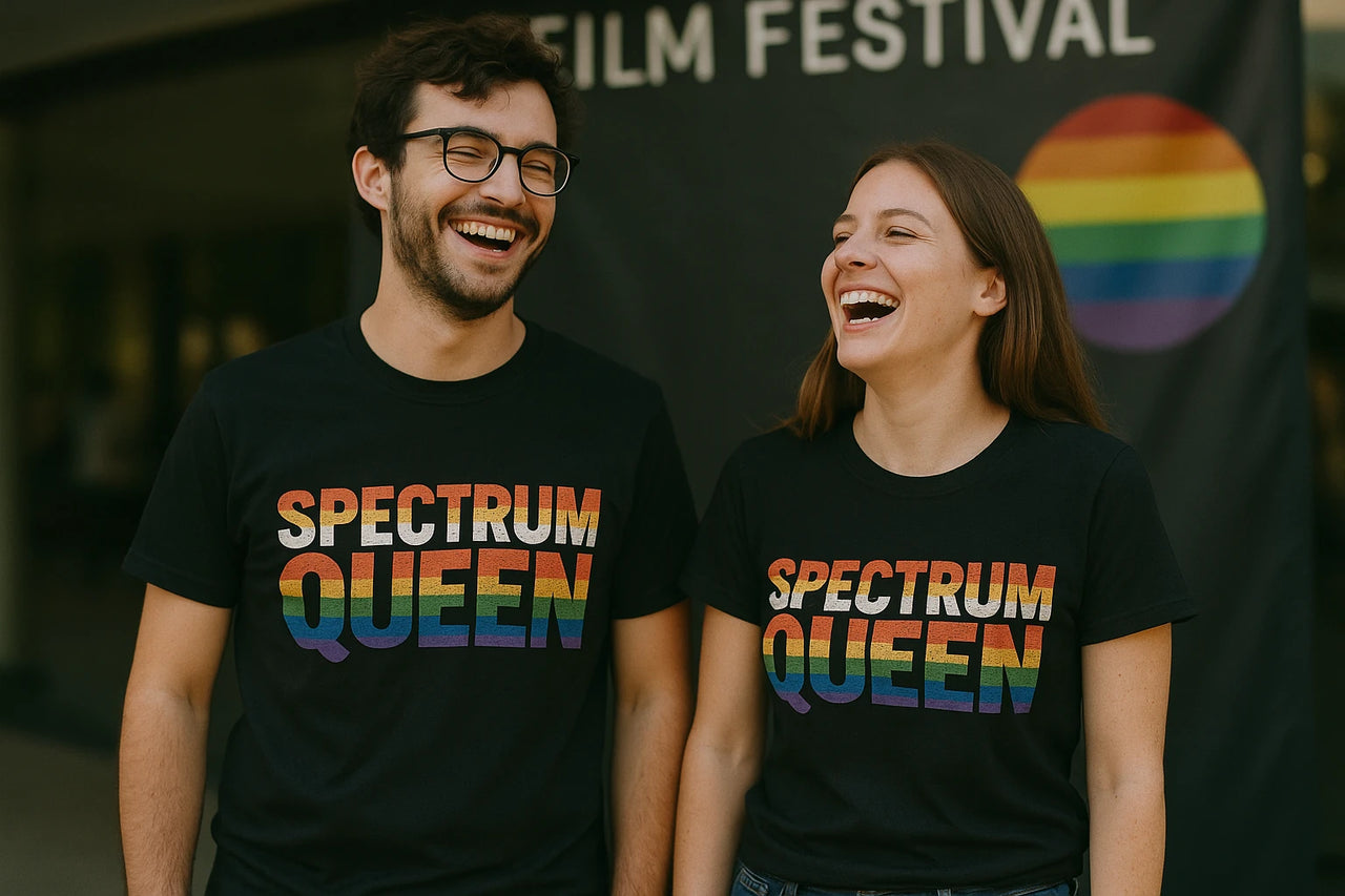 Two people are smiling and laughing while standing in front of a banner that reads "Film Festival." They are both wearing black T-shirts with the text "SPECTRUM QUEEN" in bold, rainbow-colored letters. There is a rainbow circle on the banner in the background.
