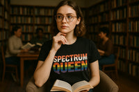 A person with glasses and shoulder-length brown hair sits in a library, holding an open book. They are wearing a black t-shirt with the text 