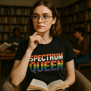 Lifestyle shot of the "Spectrum Queen" black lgbtq shirts in a real-world setting