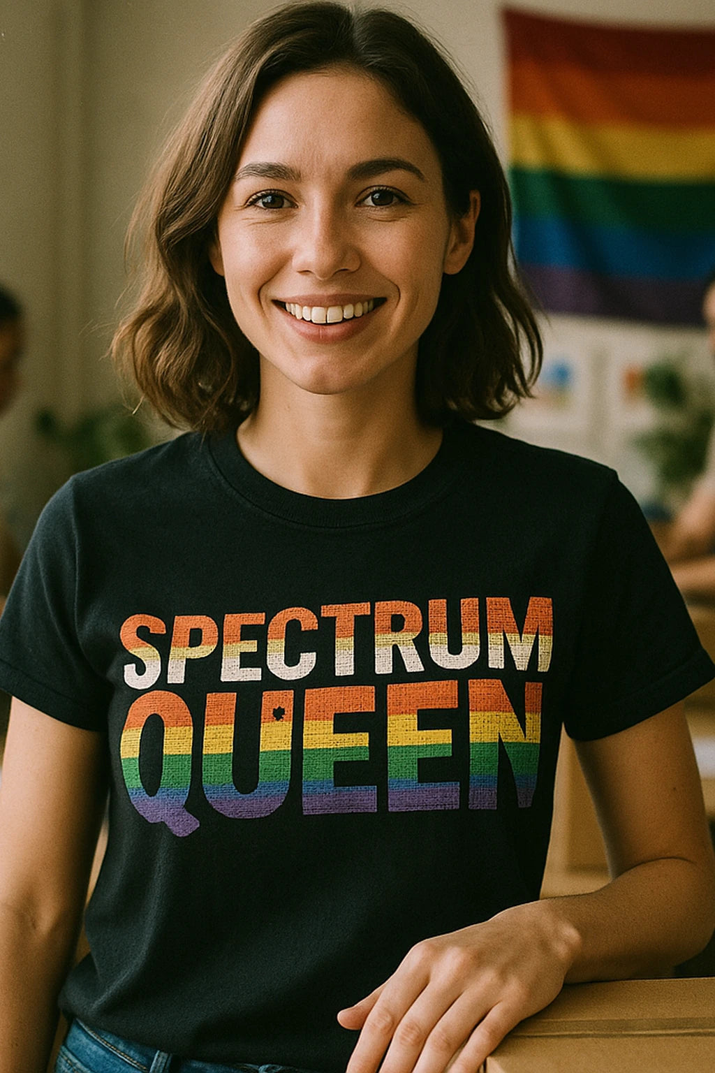 A person with shoulder-length brown hair, wearing a black t-shirt with the words "SPECTRUM QUEEN" in rainbow colors. They are smiling, with a rainbow flag visible in the background.