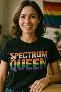 A person with shoulder-length brown hair, wearing a black t-shirt with the words 