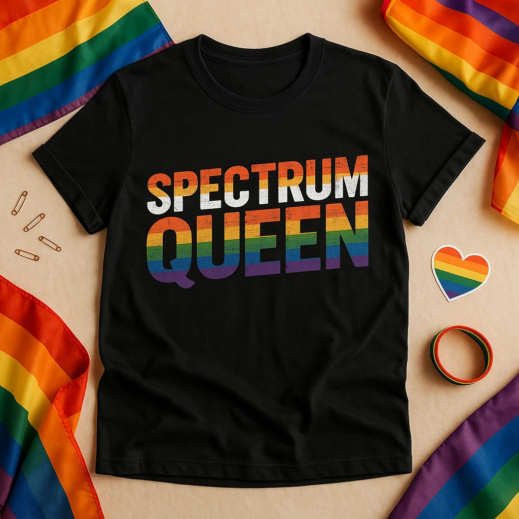 A black T-shirt with the text "SPECTRUM QUEEN" in rainbow-colored letters. Surrounding the shirt are rainbow flags, a heart-shaped sticker, rainbow wristbands, and a few paperclips on a light beige surface.