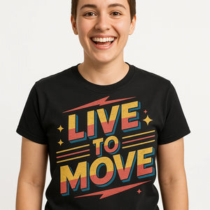 Close-up of the "Live To Move" orange print on a premium Bella+Canvas black dancing t shirt