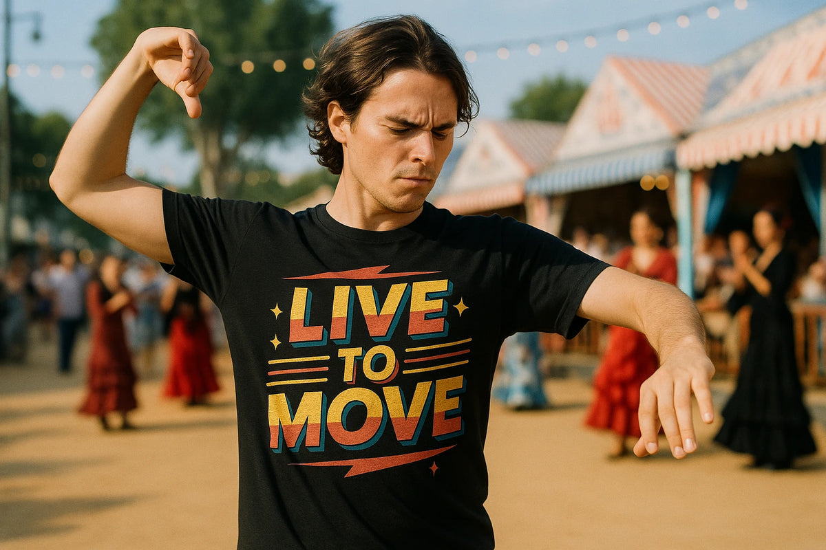Lifestyle shot of the "Live To Move" black dancing t shirt in a real-world setting