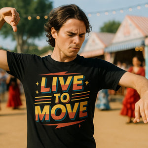 Lifestyle shot of the "Live To Move" black dancing t shirt in a real-world setting
