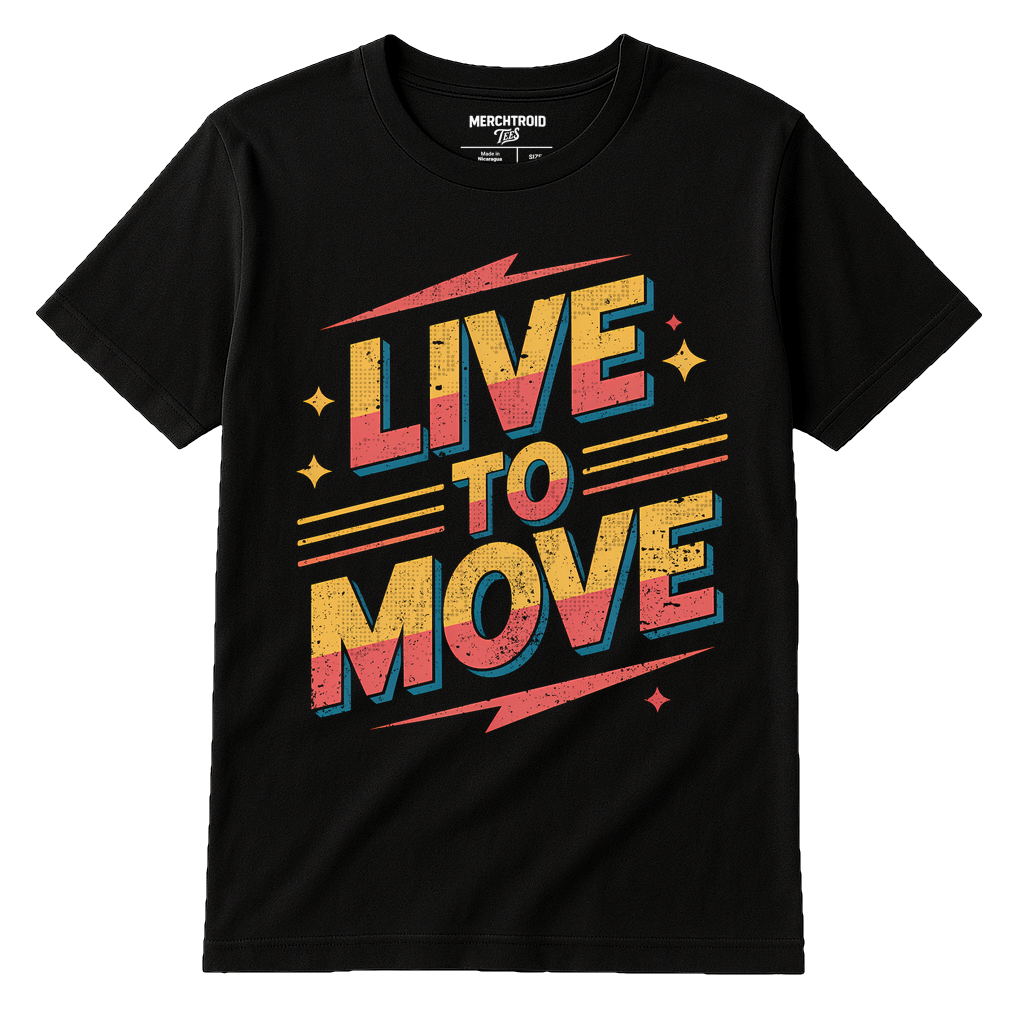 Black Dancing T Shirt - "Live To Move" graphic tee with orange print, flat lay product photo