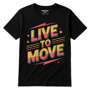 Black Dancing T Shirt - "Live To Move" graphic tee with orange print, flat lay product photo
