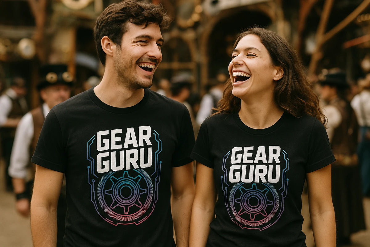 Person wearing the black steampunk shirts graphic tee - "Gear Guru" design