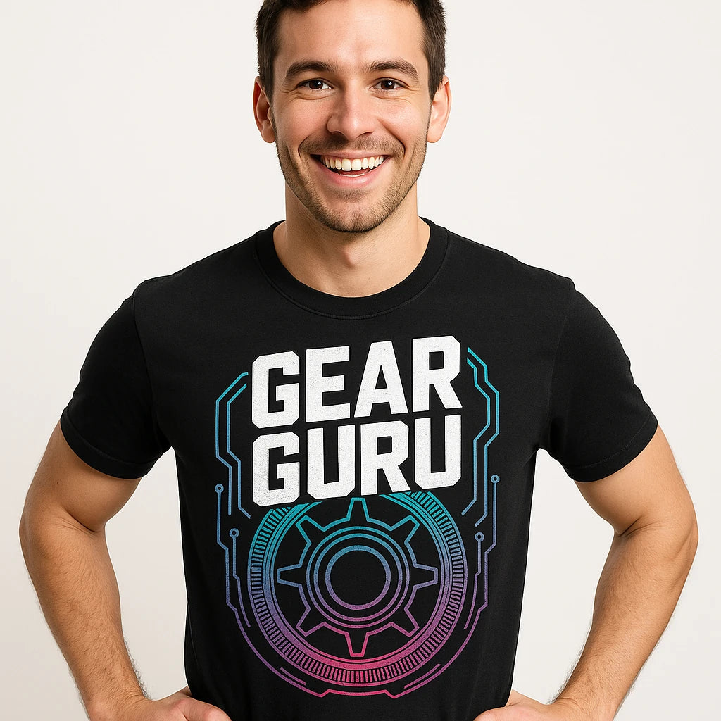Close-up of the "Gear Guru" white print on a premium Bella+Canvas black steampunk shirts