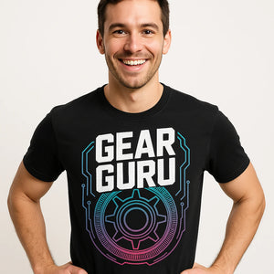 Close-up of the "Gear Guru" white print on a premium Bella+Canvas black steampunk shirts