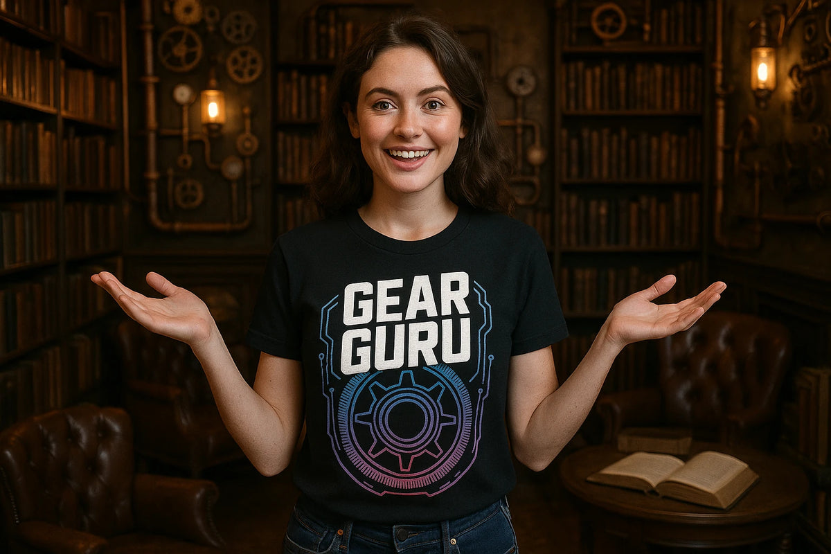 Lifestyle shot of the "Gear Guru" black steampunk shirts in a real-world setting
