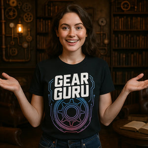 Lifestyle shot of the "Gear Guru" black steampunk shirts in a real-world setting