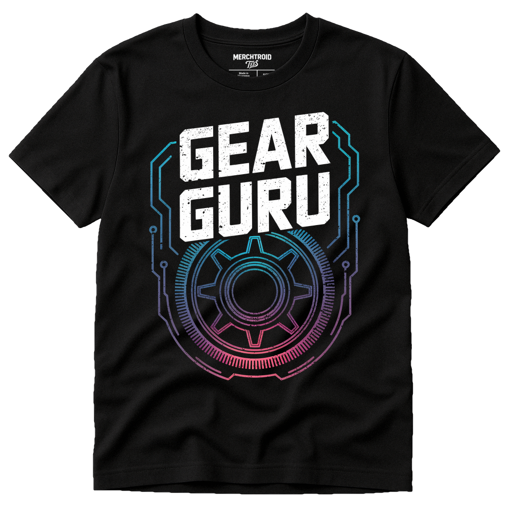 Black Steampunk Shirts - "Gear Guru" graphic tee with white print, flat lay product photo