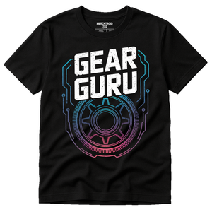 Black Steampunk Shirts - "Gear Guru" graphic tee with white print, flat lay product photo