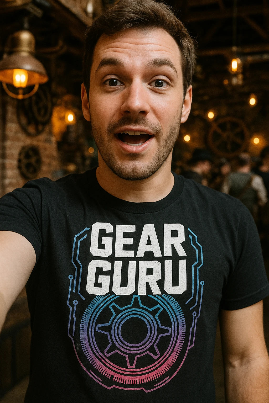 "Gear Guru" black steampunk shirts, photographed as steampunk lover gift