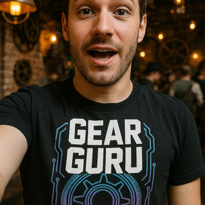 "Gear Guru" black steampunk shirts, photographed as steampunk lover gift