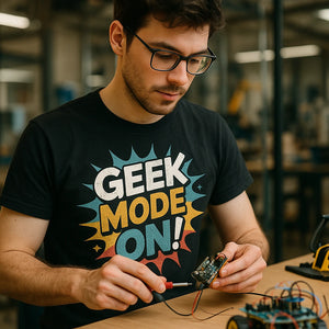 "Geek Mode On" black gadget t shirt - also a secret santa gifts for gadget lovers