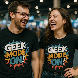 Person wearing the black gadget t shirt graphic tee - "Geek Mode On" design