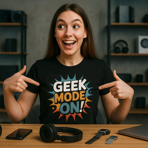 Lifestyle shot of the "Geek Mode On" black gadget t shirt in a real-world setting