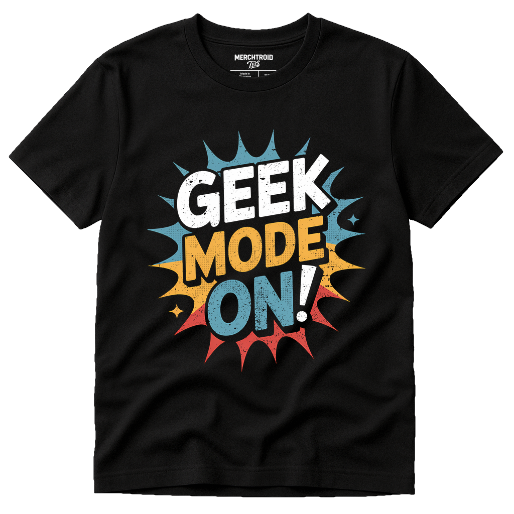 Black Gadget T Shirt - "Geek Mode On" graphic tee with gray print, flat lay product photo