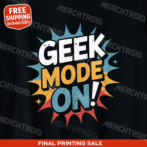 "Geek Mode On" black gadget t shirt, photographed as gift ideas for gadget lovers