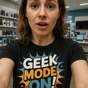 "Geek Mode On" black gadget t shirt - also one of the gifts for someone who likes gadgets
