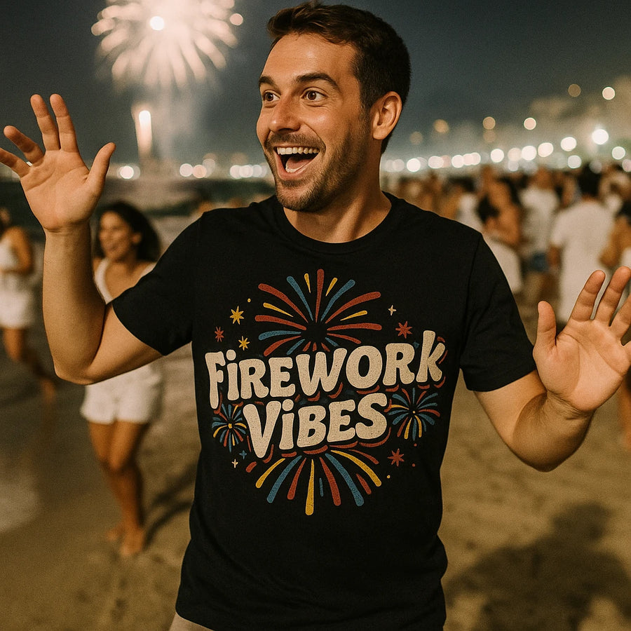 A person with an excited expression is standing on a beach at night with fireworks in the background. They are wearing a black t-shirt with multicolored fireworks and the words "Firework Vibes" printed on it. The scene is festive, with people in light clothing in the background, suggesting a celebration.