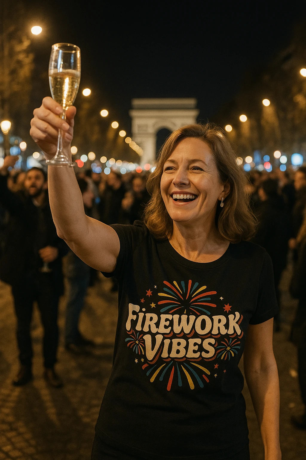 A person is joyfully raising a glass of champagne while standing on a bustling city street at night, with the Arc de Triomphe illuminated in the background. They are wearing a black T-shirt with colorful fireworks graphics and the text "Firework Vibes."