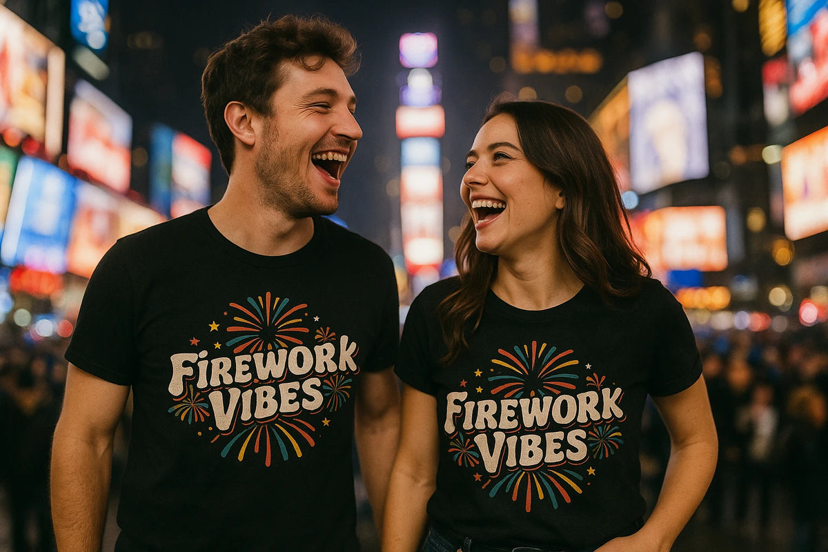 Person wearing the black new years eve t shirts graphic tee - "Firework Vibes" design