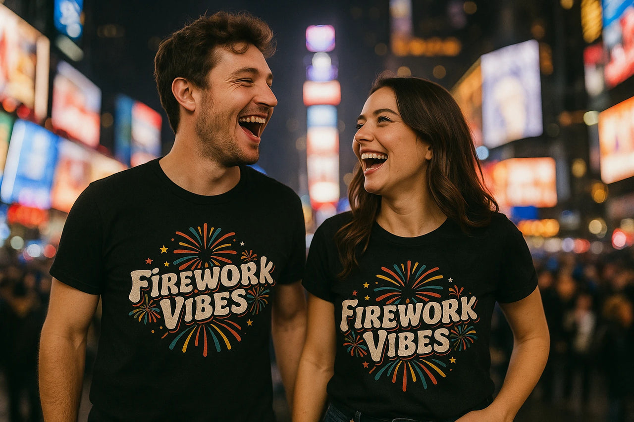 A man and a woman standing together, both wearing black t-shirts with the text "Firework Vibes" surrounded by colorful fireworks designs. They are laughing and seem to be enjoying their time in a vibrant, busy urban setting at night, which is illuminated by lights and screens in the background.