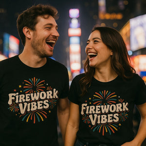 Person wearing the black new years eve t shirts graphic tee - "Firework Vibes" design