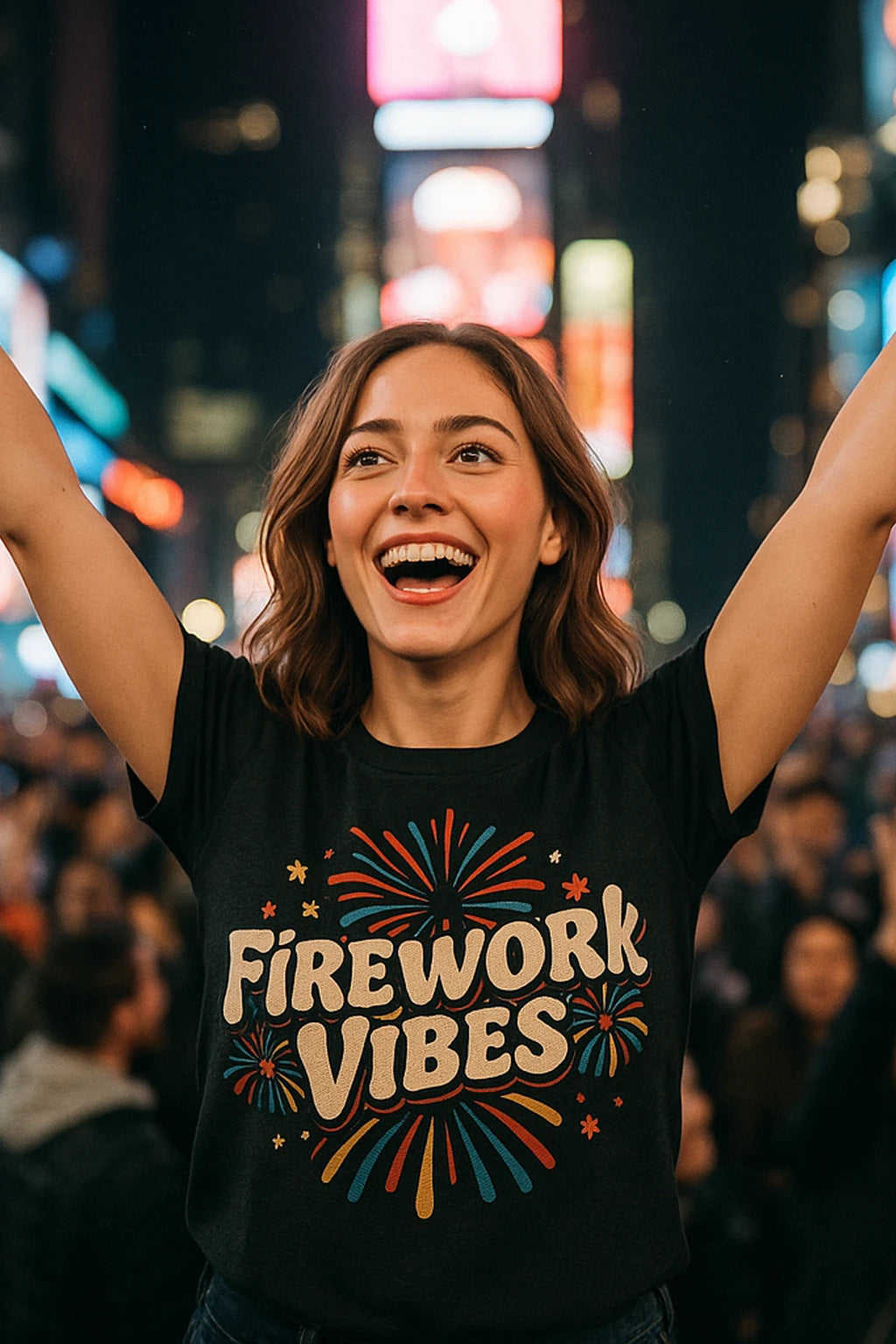 A person with shoulder-length brown hair is smiling with arms raised, wearing a black t-shirt that has colorful fireworks and the text "FIREWORK VIBES." They are standing in a crowded, brightly lit urban area, likely during nighttime.