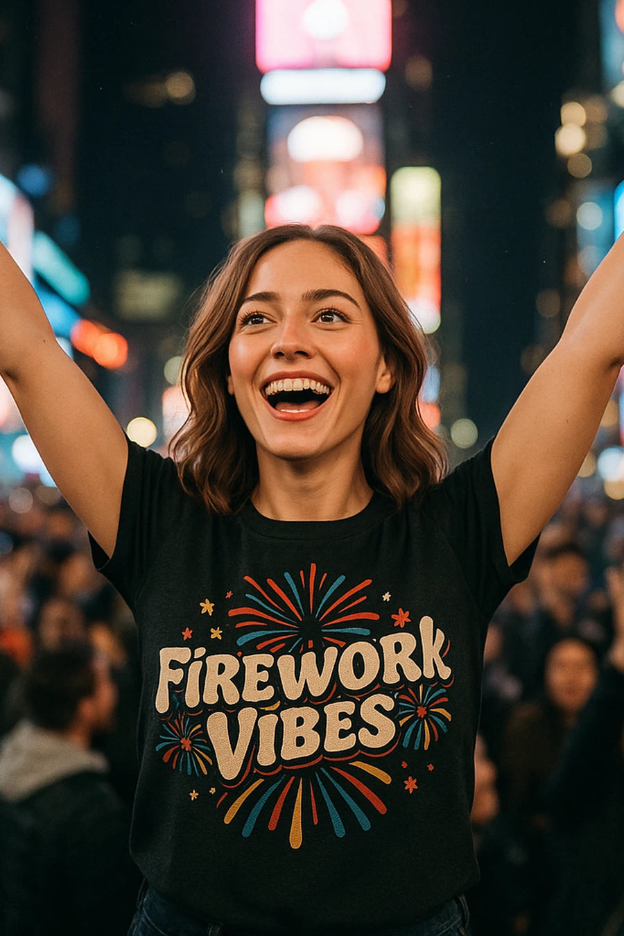 A person with shoulder-length brown hair is smiling with arms raised, wearing a black t-shirt that has colorful fireworks and the text "FIREWORK VIBES." They are standing in a crowded, brightly lit urban area, likely during nighttime.