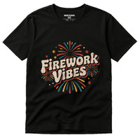 A black t-shirt featuring colorful illustrations of fireworks around the bold, stylized text 