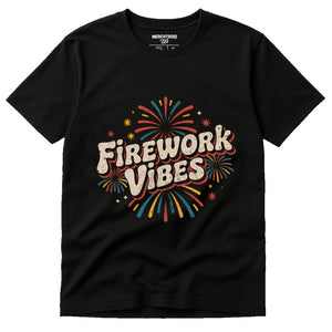 Black New Years Eve T Shirts - "Firework Vibes" graphic tee with beige print, flat lay product photo