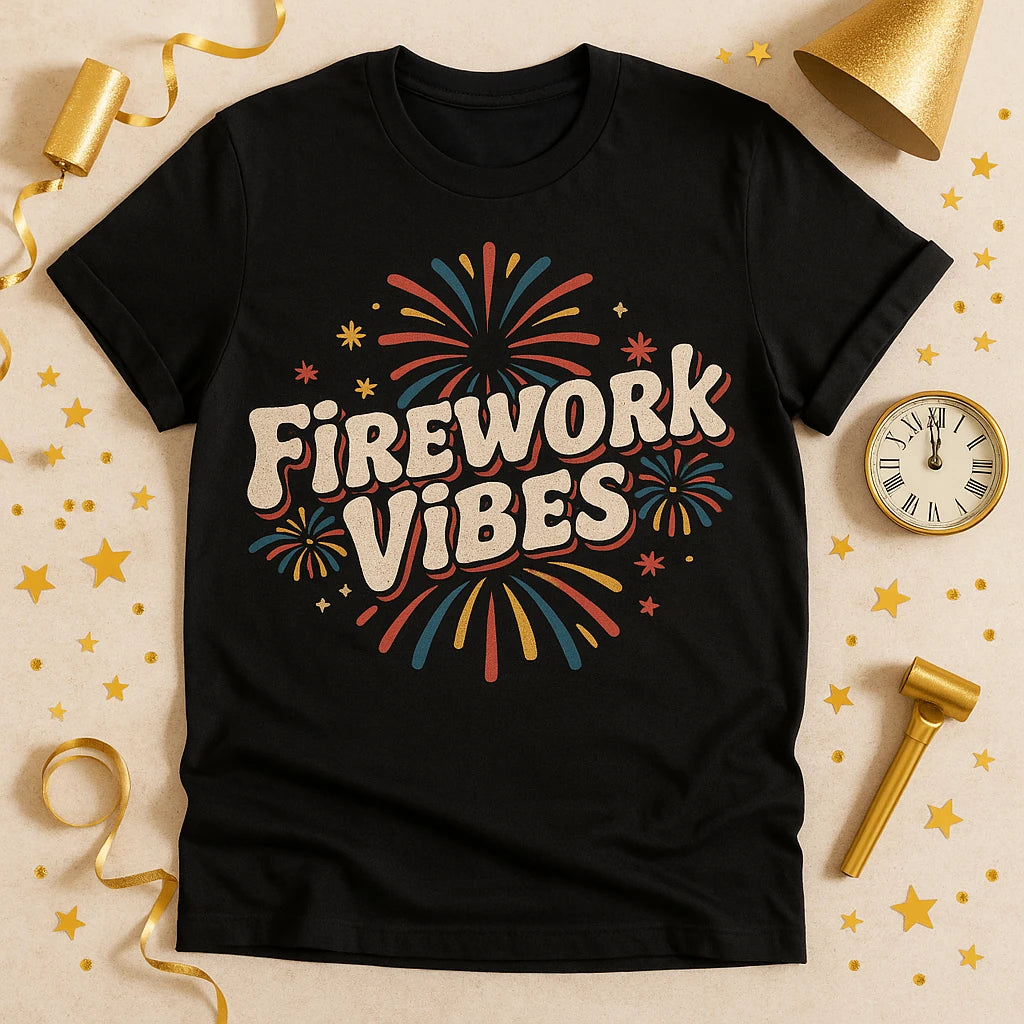 A black t-shirt with the words "FIREWORK VIBES" printed in bold, colorful letters surrounded by illustrations of fireworks. The shirt is laid flat on a beige surface, surrounded by gold party accessories, including a party popper, a whistle, a conical hat, scattered stars, and a clock showing approximately 10:10.