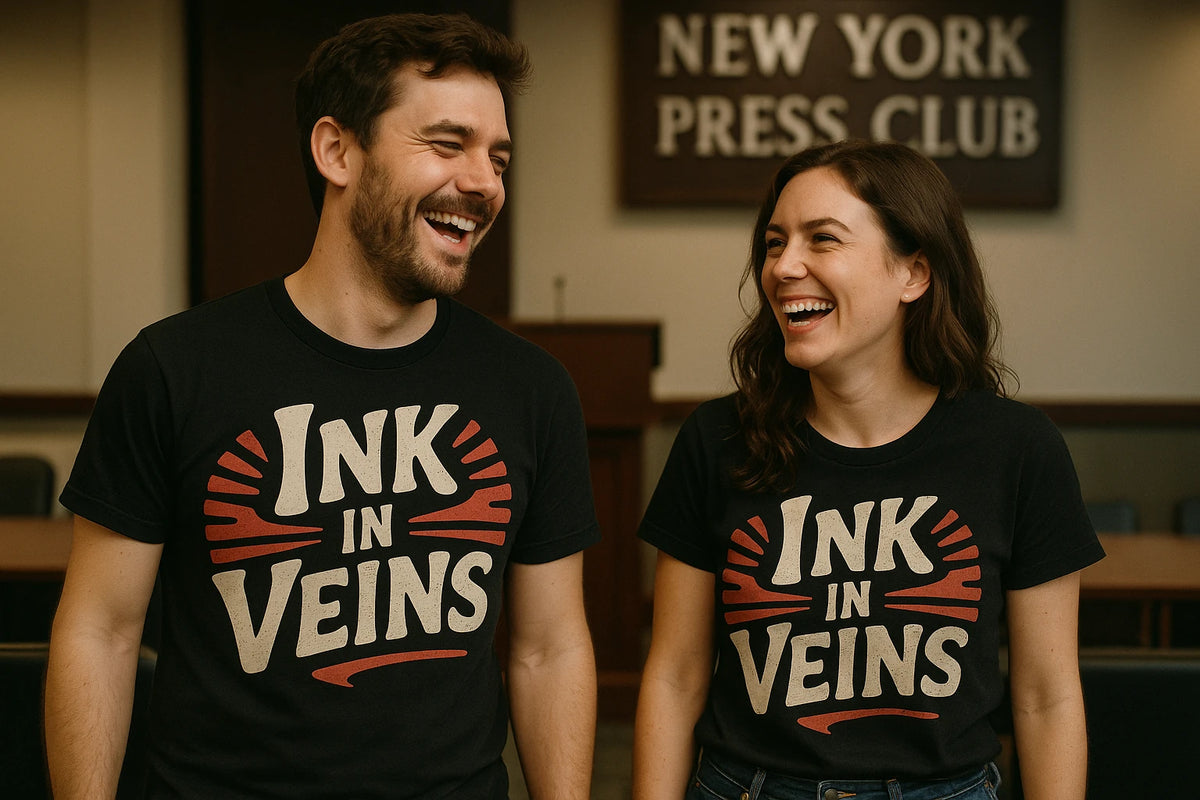Person wearing the black journalist t shirt graphic tee - "Ink in Veins" design