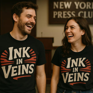 Person wearing the black journalist t shirt graphic tee - "Ink in Veins" design