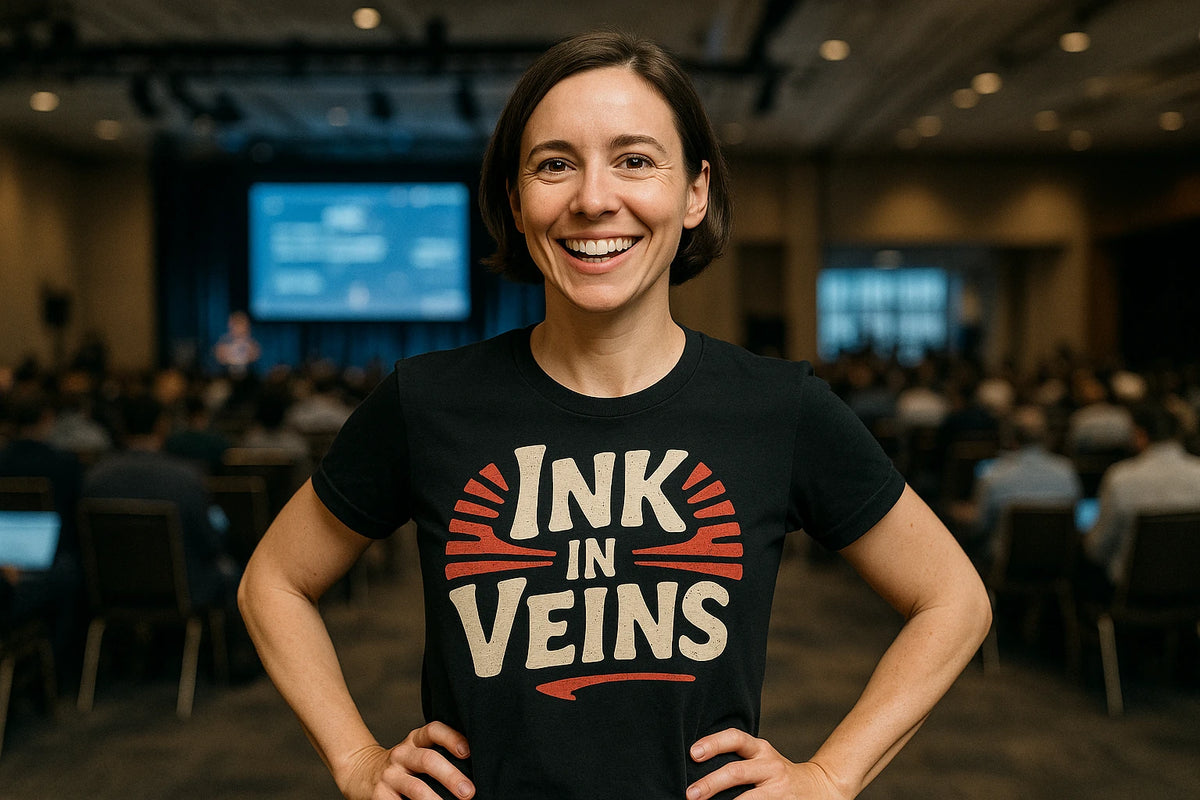 Lifestyle shot of the "Ink in Veins" black journalist t shirt in a real-world setting