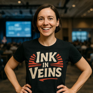 Lifestyle shot of the "Ink in Veins" black journalist t shirt in a real-world setting