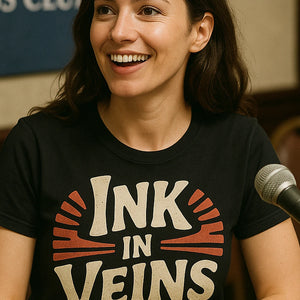 "Ink in Veins" black journalist t shirt, photographed as journalist lover gift