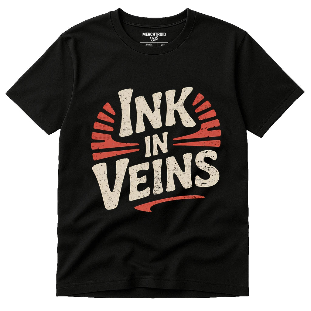 Black Journalist T Shirt - "Ink in Veins" graphic tee with beige print, flat lay product photo