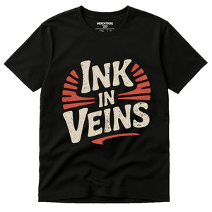 Black Journalist T Shirt - "Ink in Veins" graphic tee with beige print, flat lay product photo