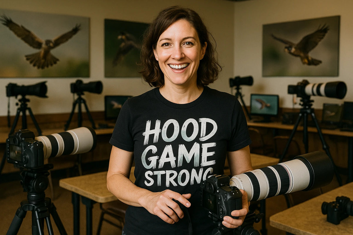 Lifestyle shot of the "Hood Game Strong" black falcon t shirt in a real-world setting