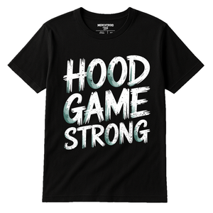 Black Falcon T Shirt - "Hood Game Strong" graphic tee with white print, flat lay product photo