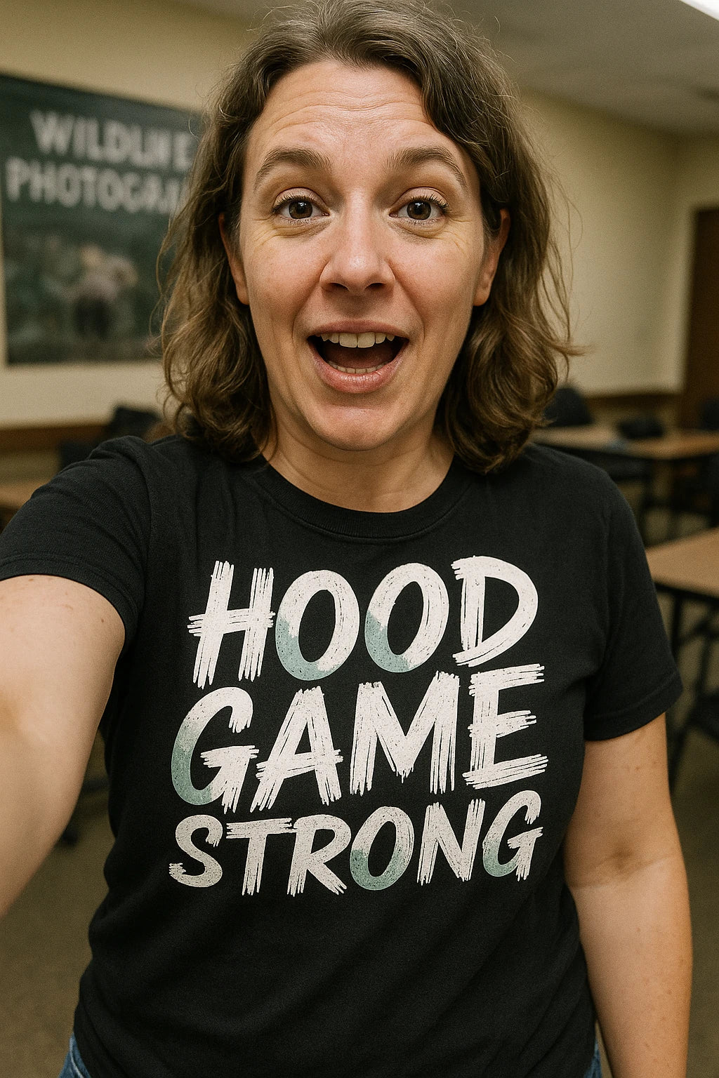 "Hood Game Strong" black falcon t shirt, photographed as falcon lover gift